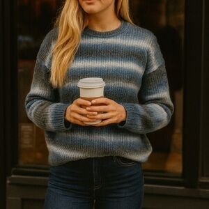 NWT Belle Belldini wool blend striped sweater ombré blue gray nautical boho L